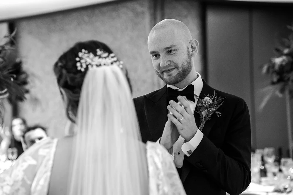 Black and white photograph of Jordan and Anna together at the end of the day