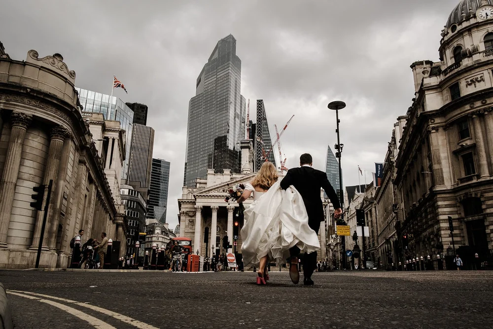 Jen and Rich photographed on the streets of the City of London outside The Ned - 3