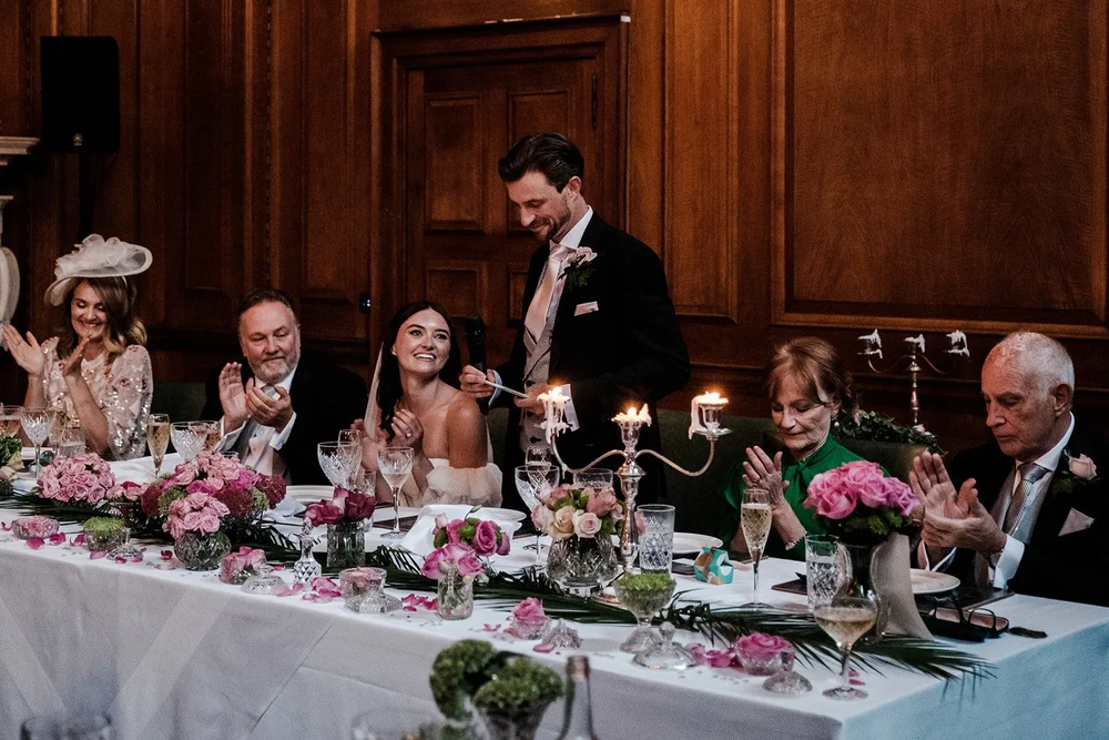 The wedding breakfast and speeches in the Tapestry Room at The Ned - 6
