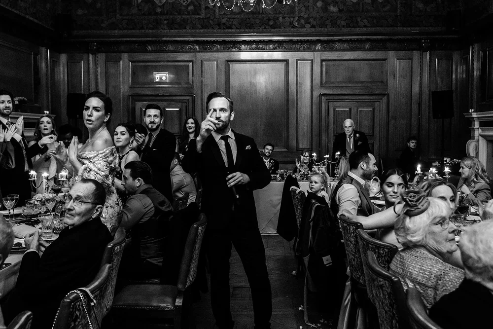 The wedding breakfast and speeches in the Tapestry Room at The Ned - 7