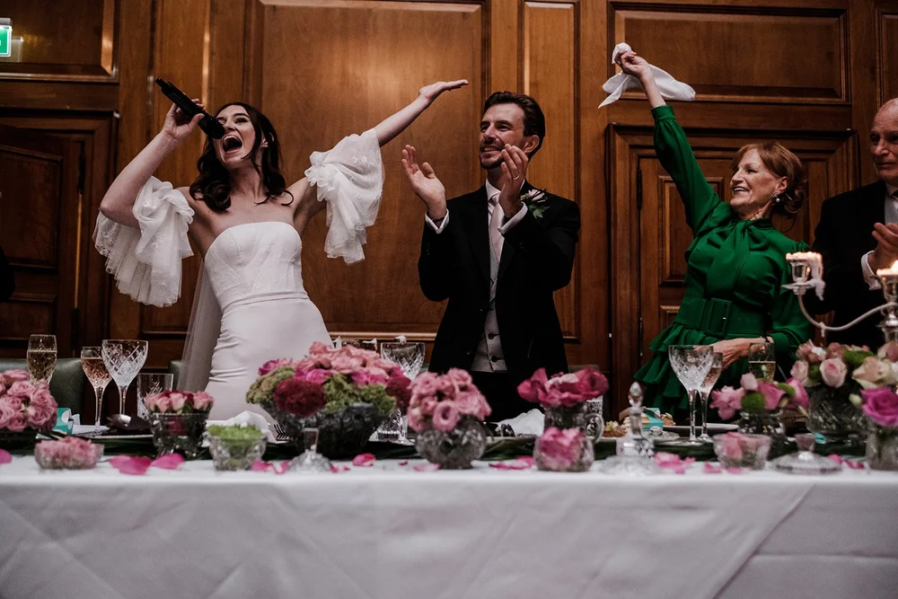The wedding breakfast and speeches in the Tapestry Room at The Ned - 8