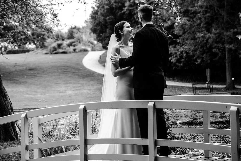 Sarah and Josh on the bridge in the grounds at Clevedon Hall, North Somerset