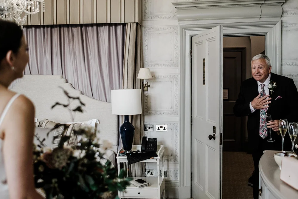 Sarah&rsquo;s father seeing her for the first time on the morning of the wedding at Clevedon Hall