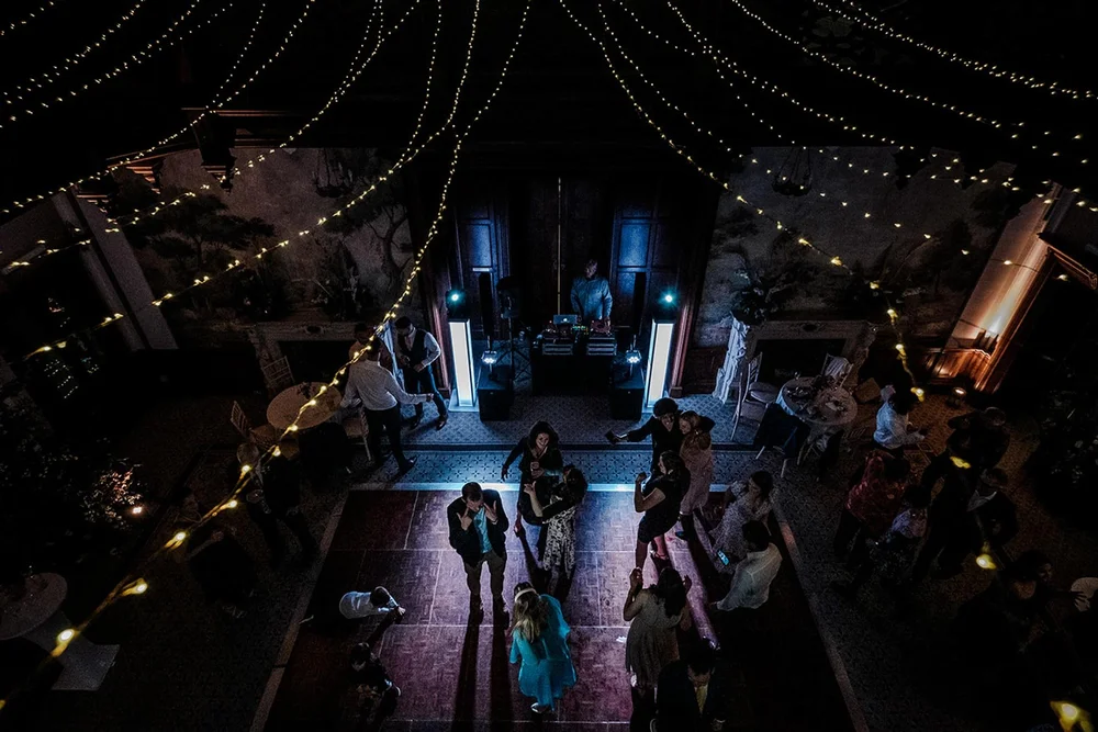 The dance floor under festoon lights at Clevedon Hall, North Somerset