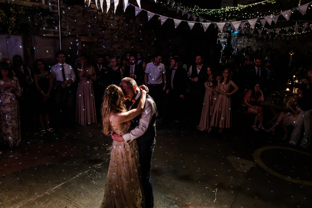 Jess and Tom&rsquo;s first dance in the barn at Lyde Court