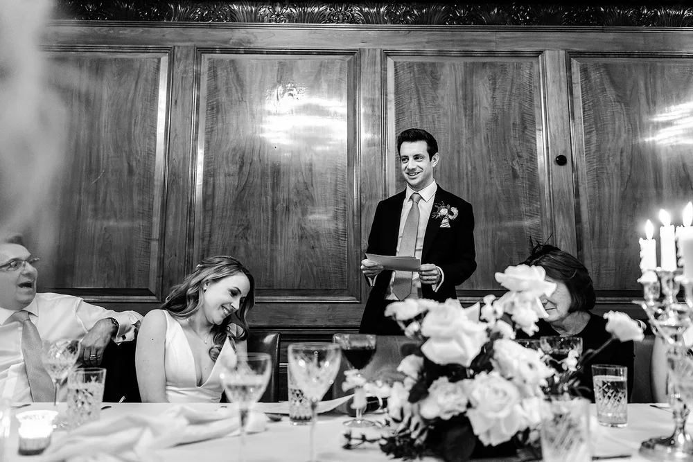 The wedding breakfast and speeches in the Tapestry Room at The Ned - 7