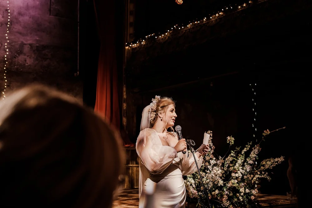 Meg on the stage at Wilton&rsquo;s Music Hall during the reception