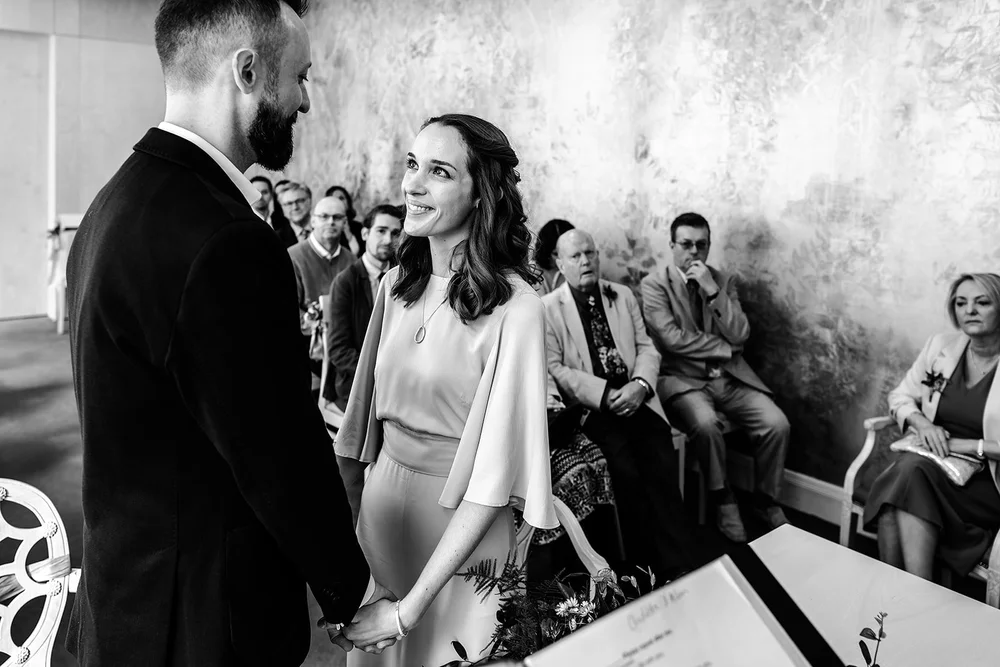 Black and white photograph of Charlotte during the ceremony at Lambeth Town Hall