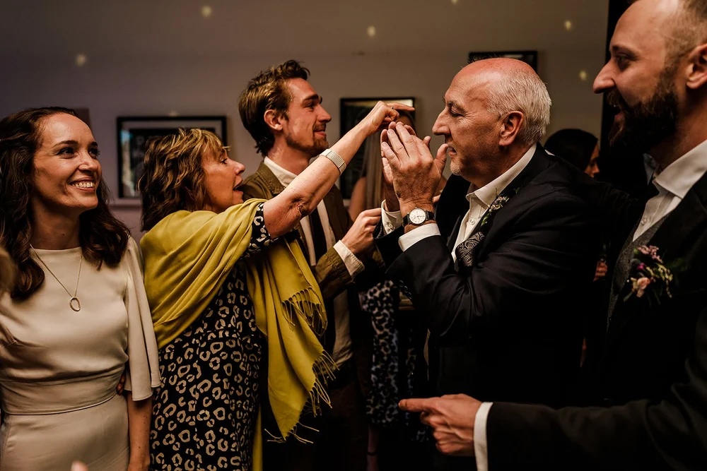 Guests dancing late in the evening at Aidan and Charlotte&rsquo;s wedding