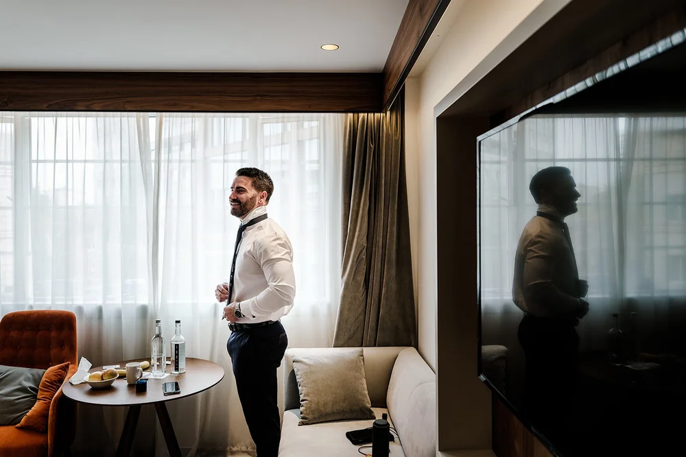 Nick and Liz getting ready before their London wedding - 1