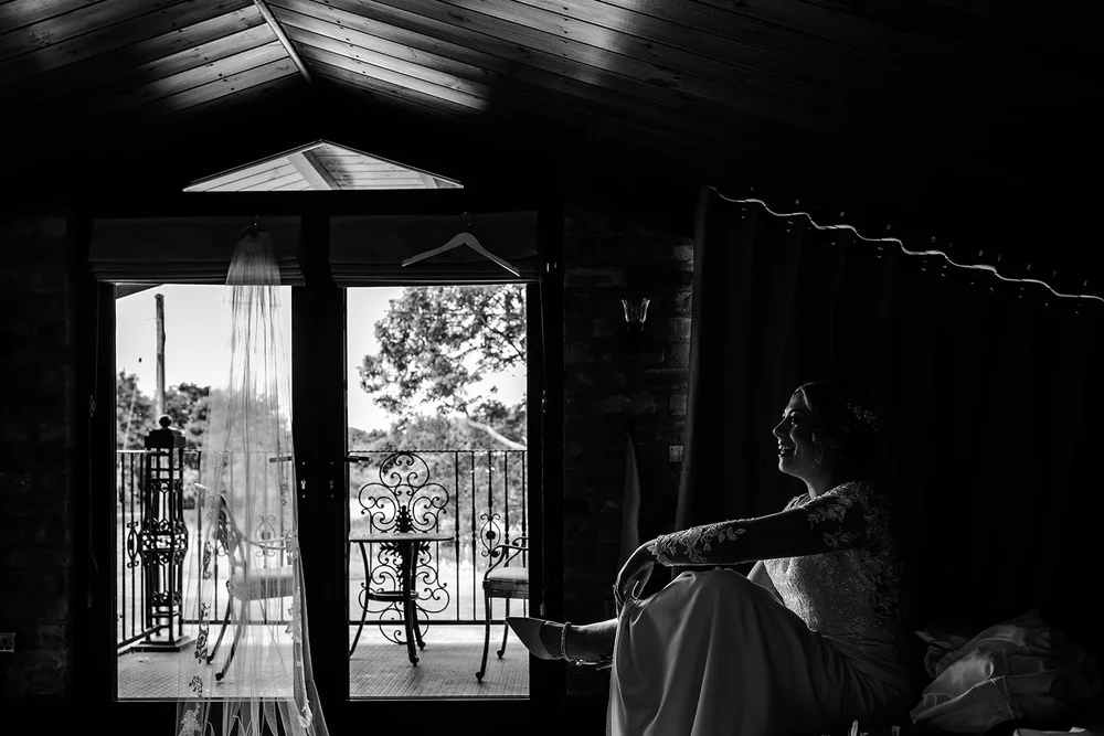 Black and white photograph of the open doors before the ceremony at Willow Marsh Farm