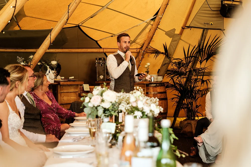 A speech being given inside the tipi at Hadsham Farm