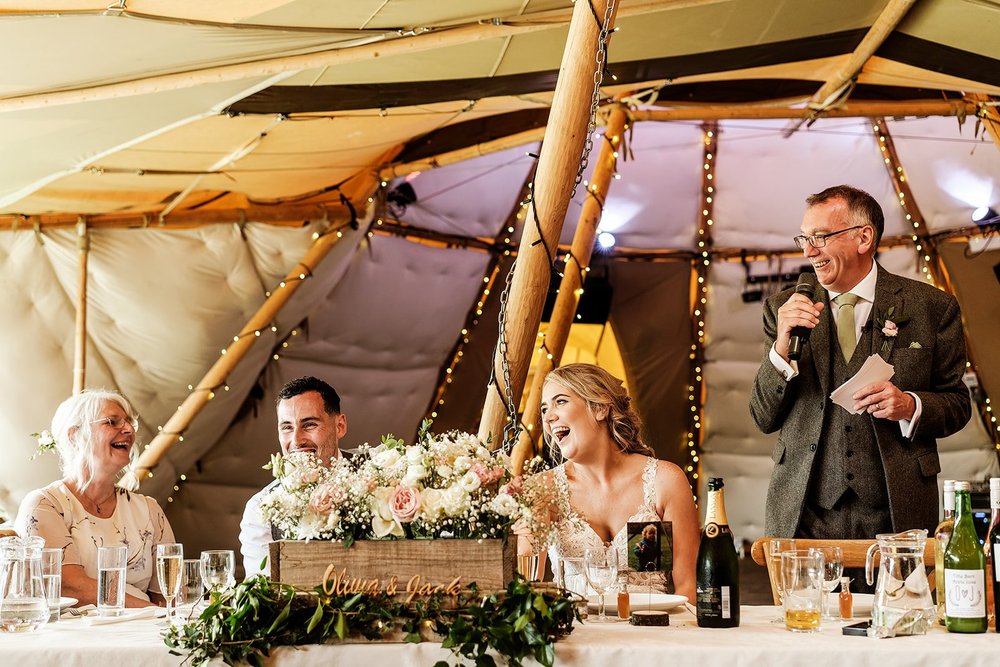 The father of the bride giving his speech in the tipi at Hadsham Farm