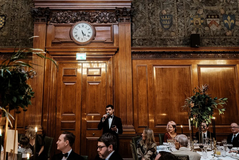 The wedding breakfast and speeches in the Tapestry Room at The Ned - 10