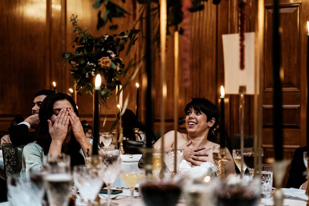 The wedding breakfast and speeches in the Tapestry Room at The Ned - 11