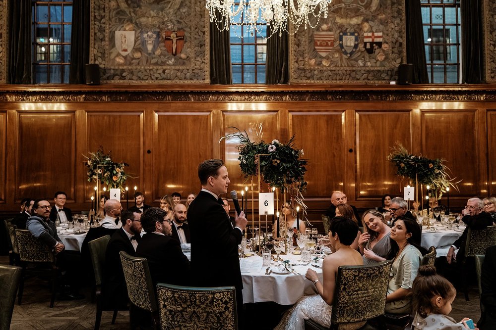 The wedding breakfast and speeches in the Tapestry Room at The Ned - 9