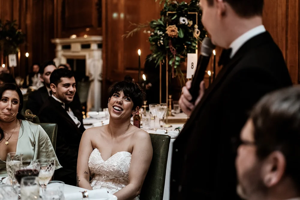 The wedding breakfast and speeches in the Tapestry Room at The Ned - 12