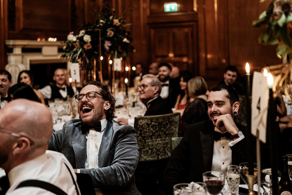 The wedding breakfast and speeches in the Tapestry Room at The Ned - 14