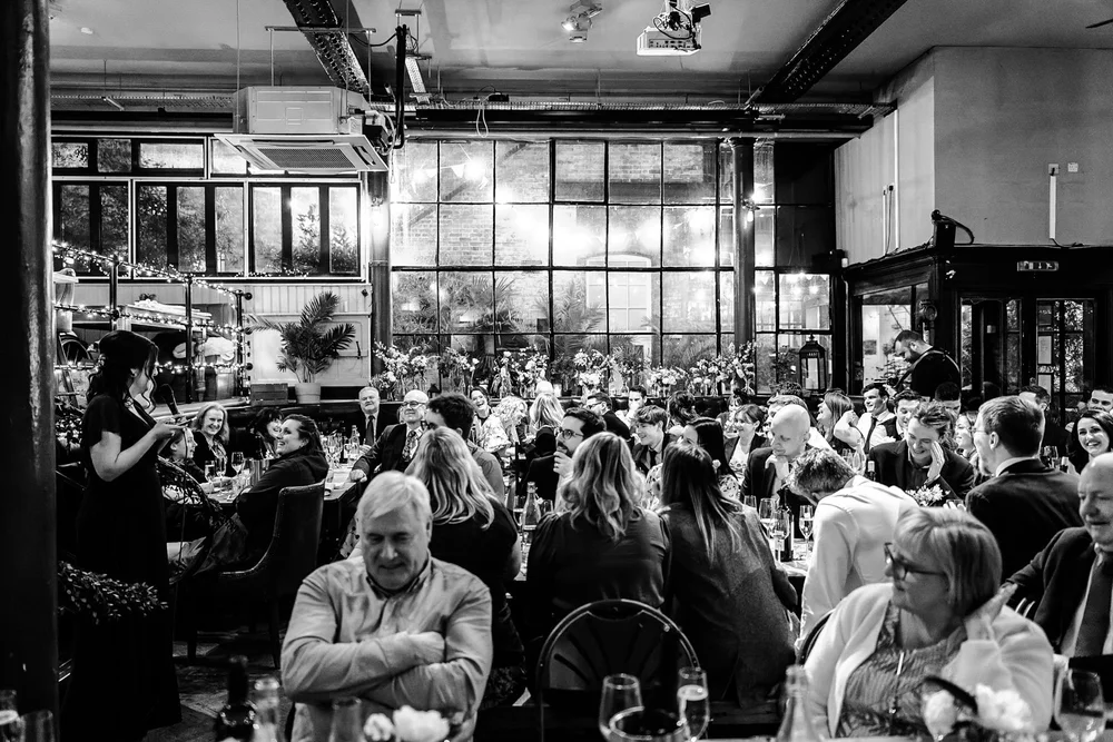 Wedding breakfast and speeches at The Depot N7, a converted warehouse in north London - 12