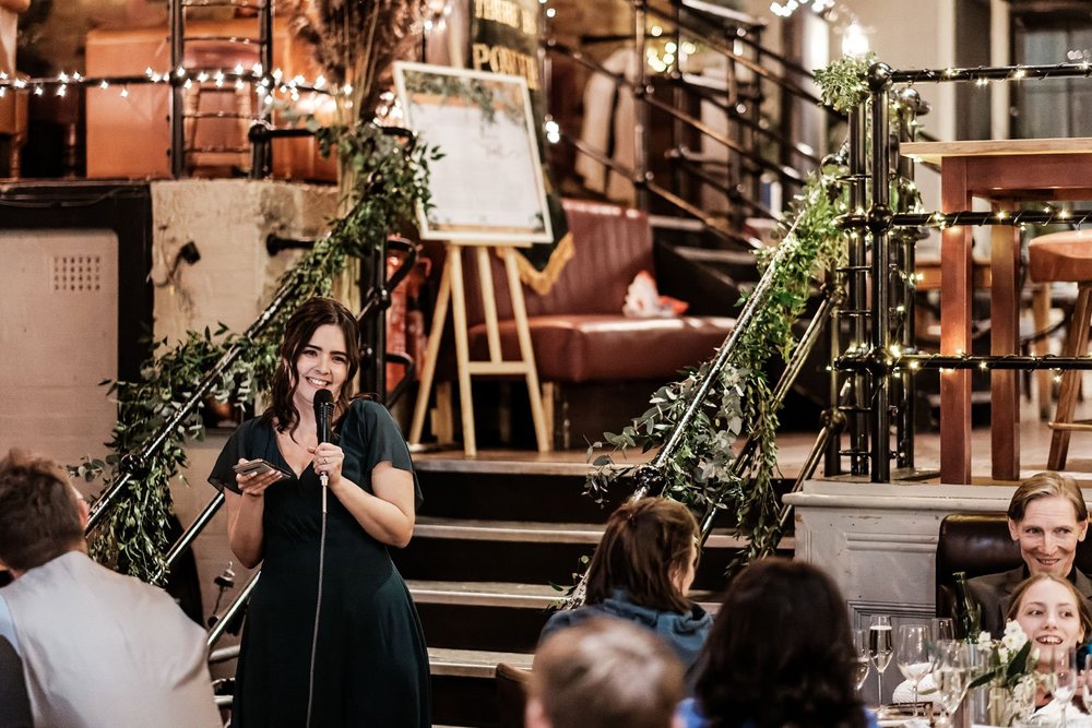 Wedding breakfast and speeches at The Depot N7, a converted warehouse in north London - 13