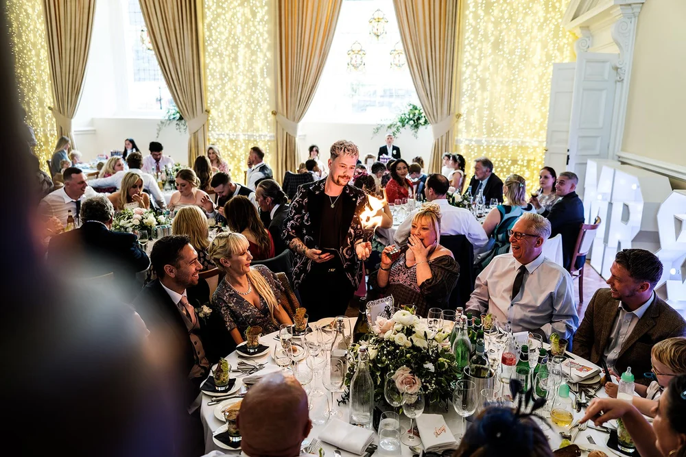The wedding breakfast underway in the Great Hall at Farnham Castle