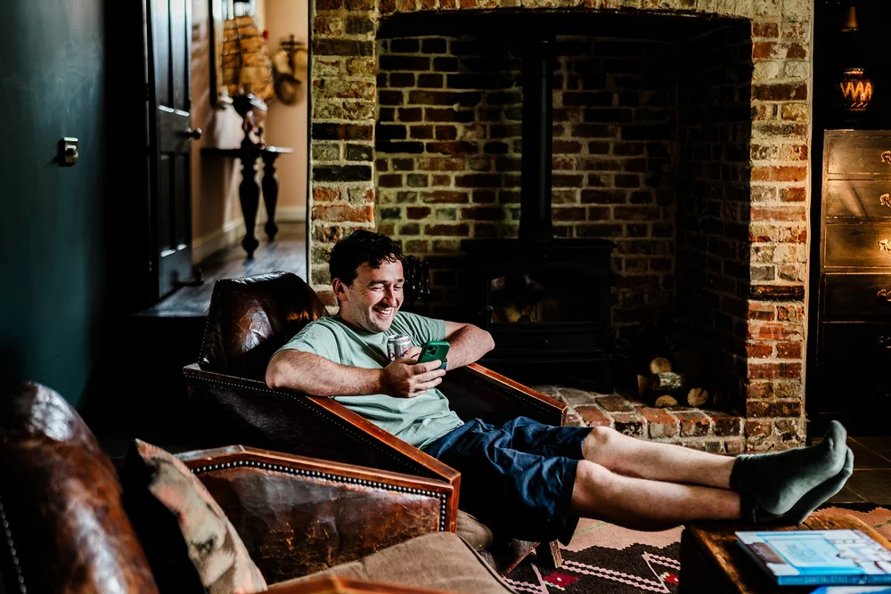 Frankie relaxing by the fireplace before the ceremony at Elmley