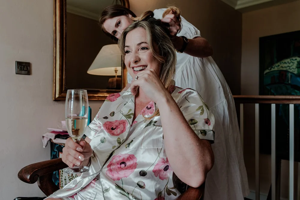 Rose having her hair finished before her Elmley Nature Reserve wedding