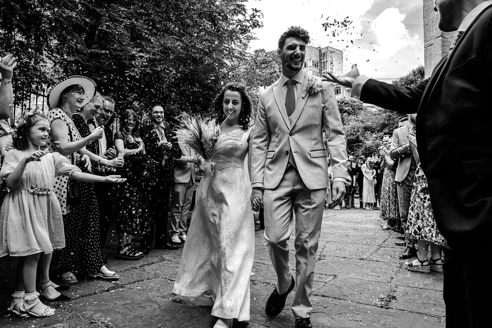 Confetti outside The Mount Without after the ceremony, Bristol - 2