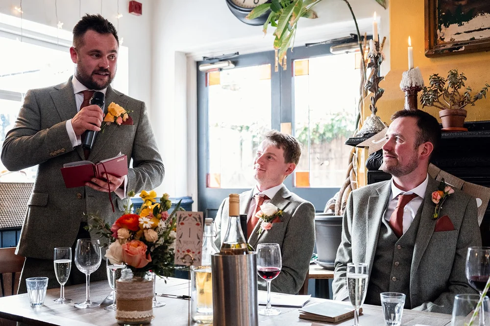 Tom giving his speech at the Alma Tavern, Bristol