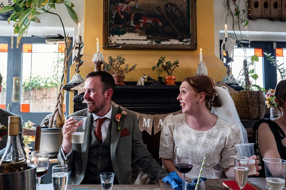 Ffion and Tom during the speeches at their Alma Tavern wedding