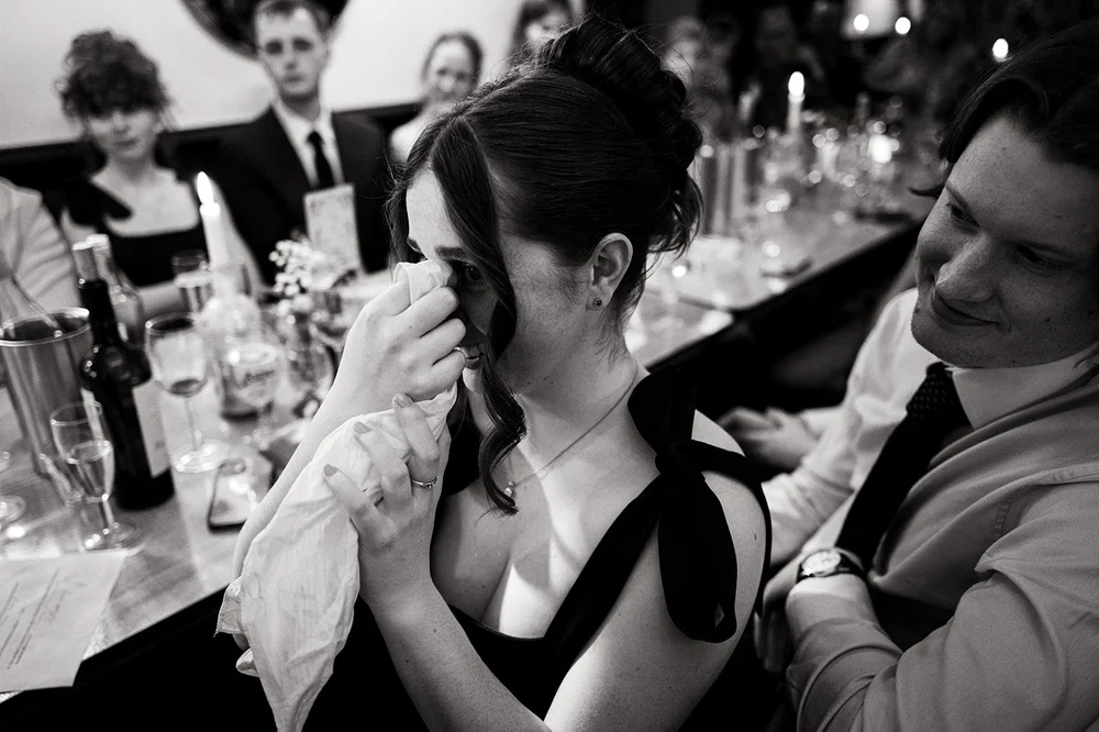 An emotional moment during the speeches at the Alma Tavern wedding