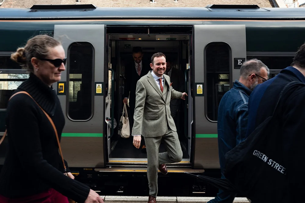Tom arriving in Bristol by train on the morning of the wedding
