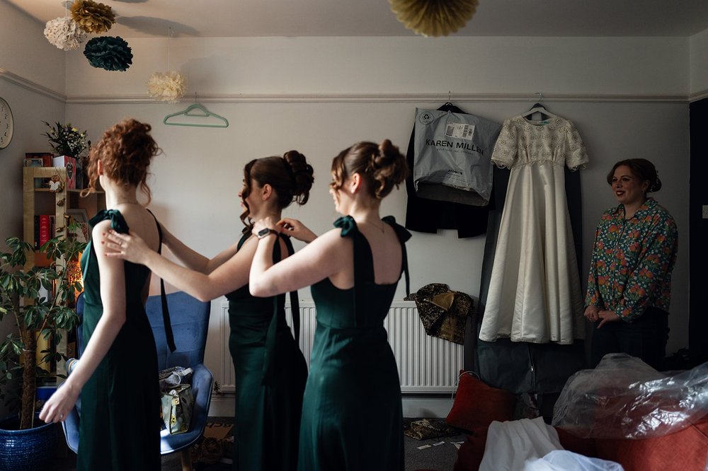 Ffion&rsquo;s bridesmaids getting ready in green before the Clifton ceremony