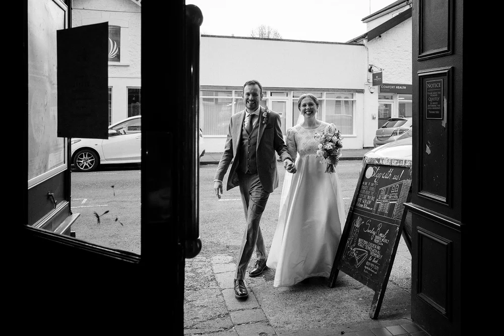 Ffion and Tom arriving at the Alma Tavern in Clifton, Bristol