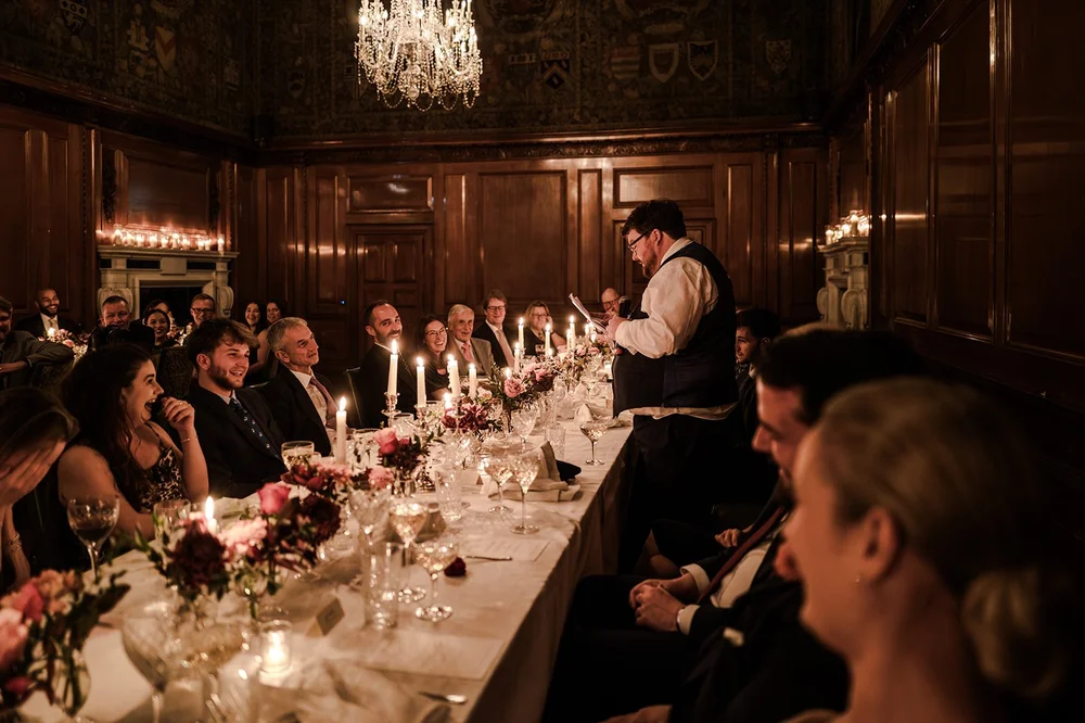 Wedding breakfast underway at the long table in the Tapestry Room at The Ned