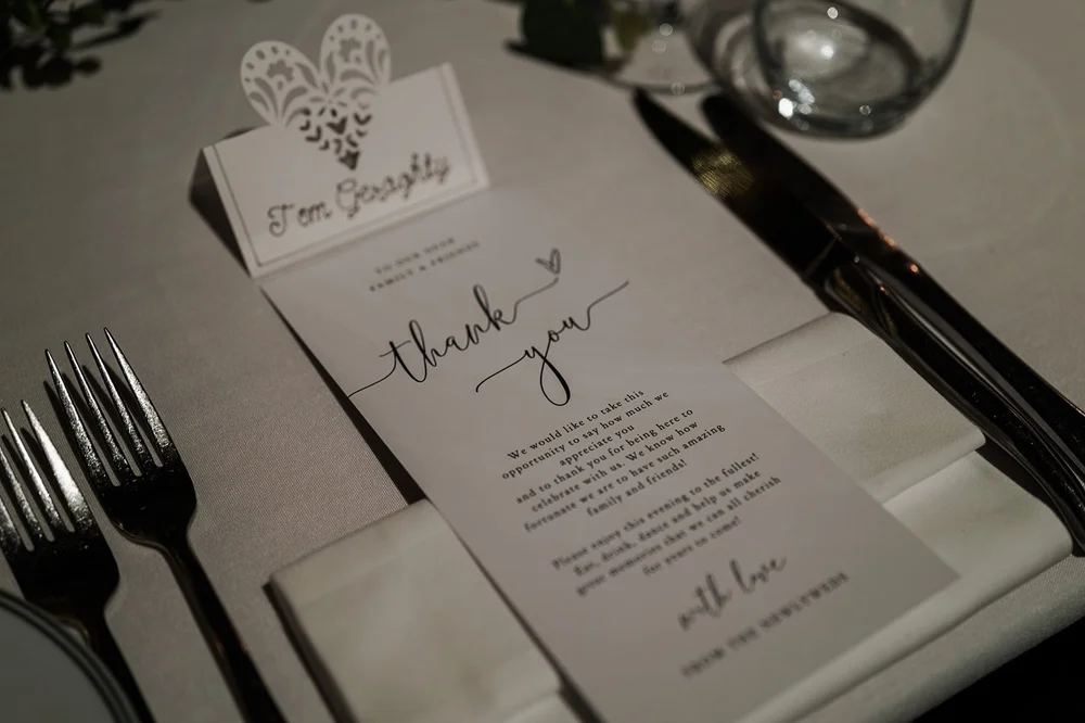 Place setting and thank you card at the wedding breakfast at The Libertine