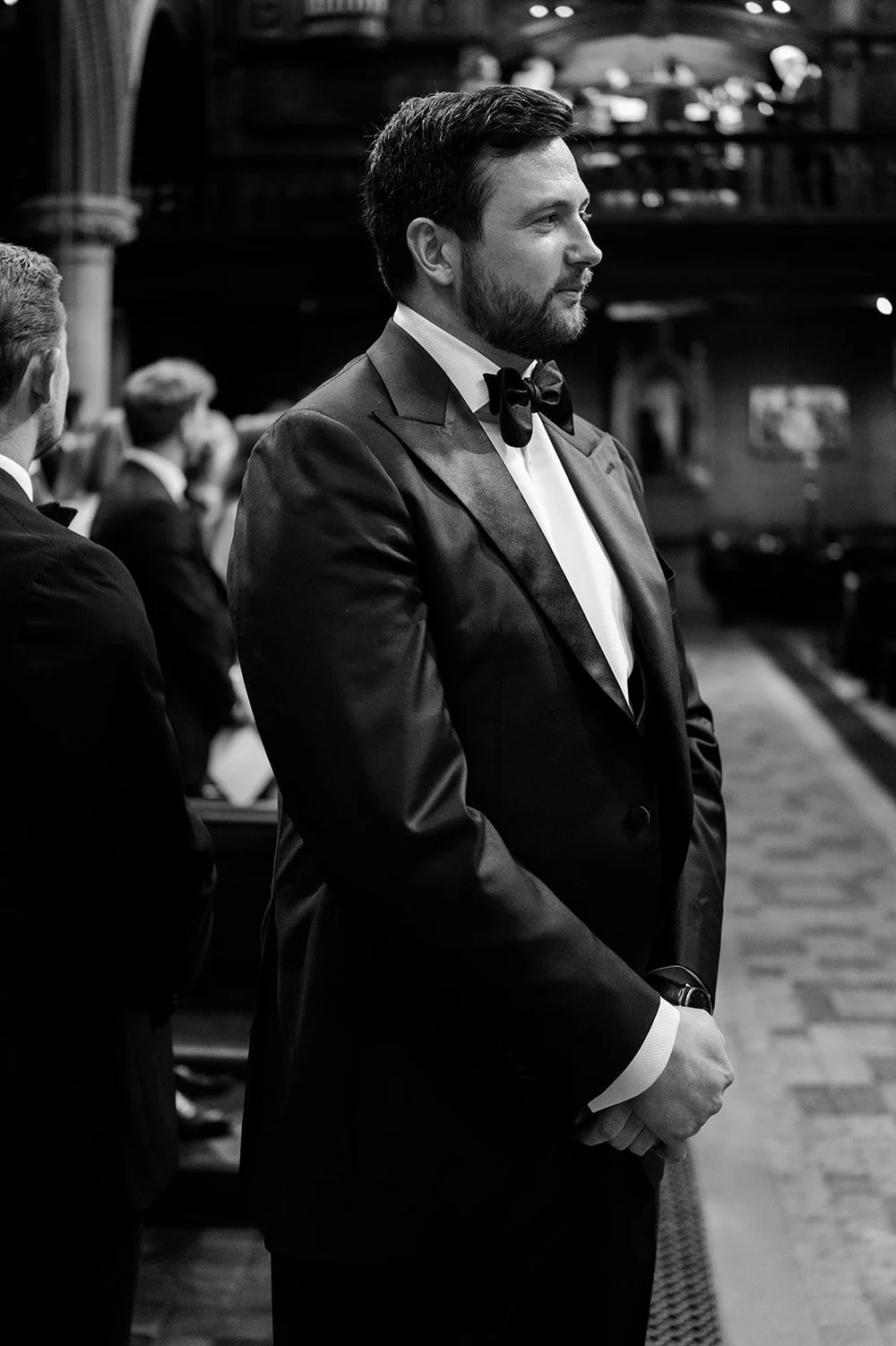 Jon waiting at the front of St Mary&rsquo;s Bourne Street before the ceremony