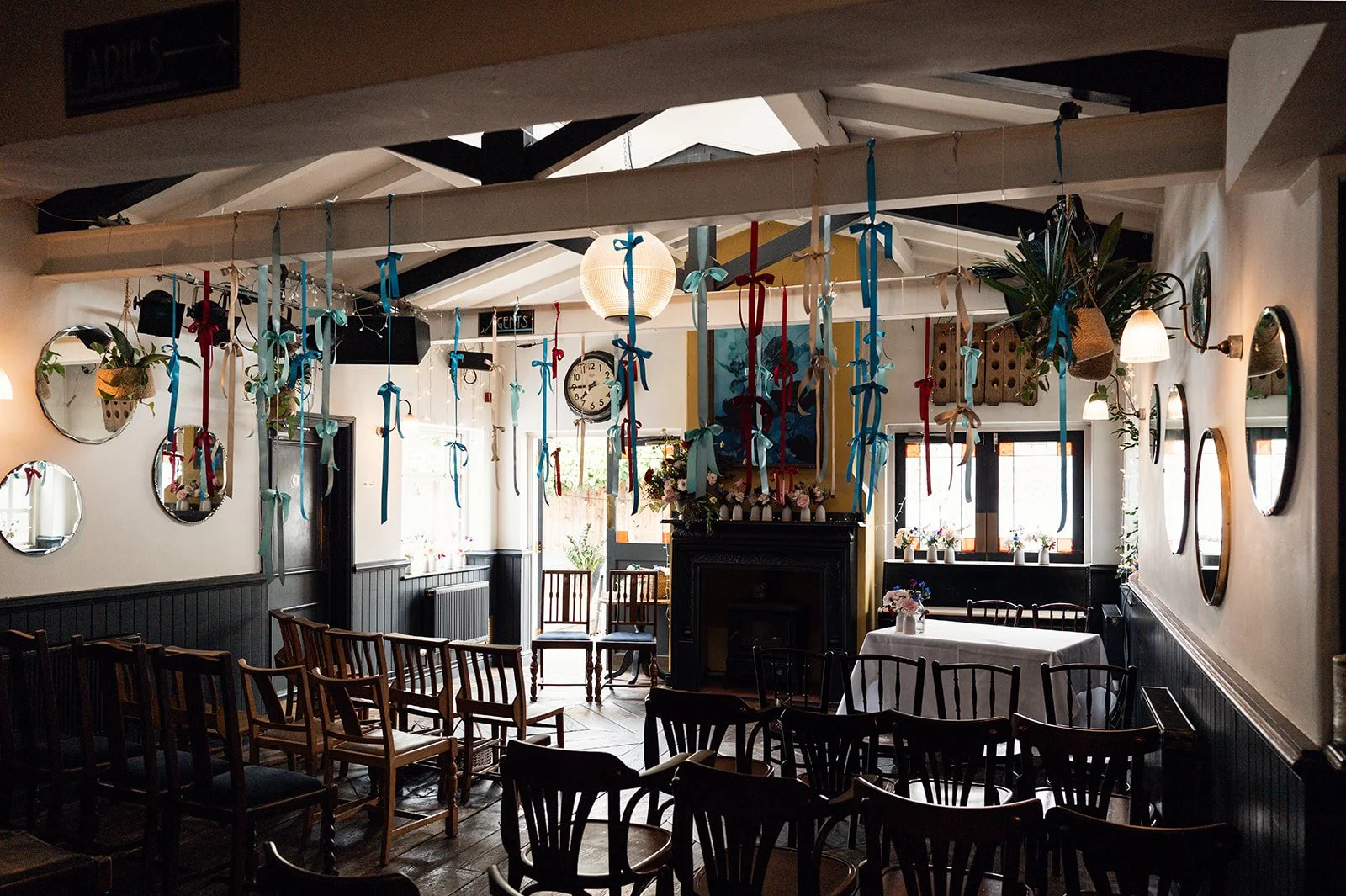 The bar at The Alma Tavern in Clifton dressed with bunting before the wedding