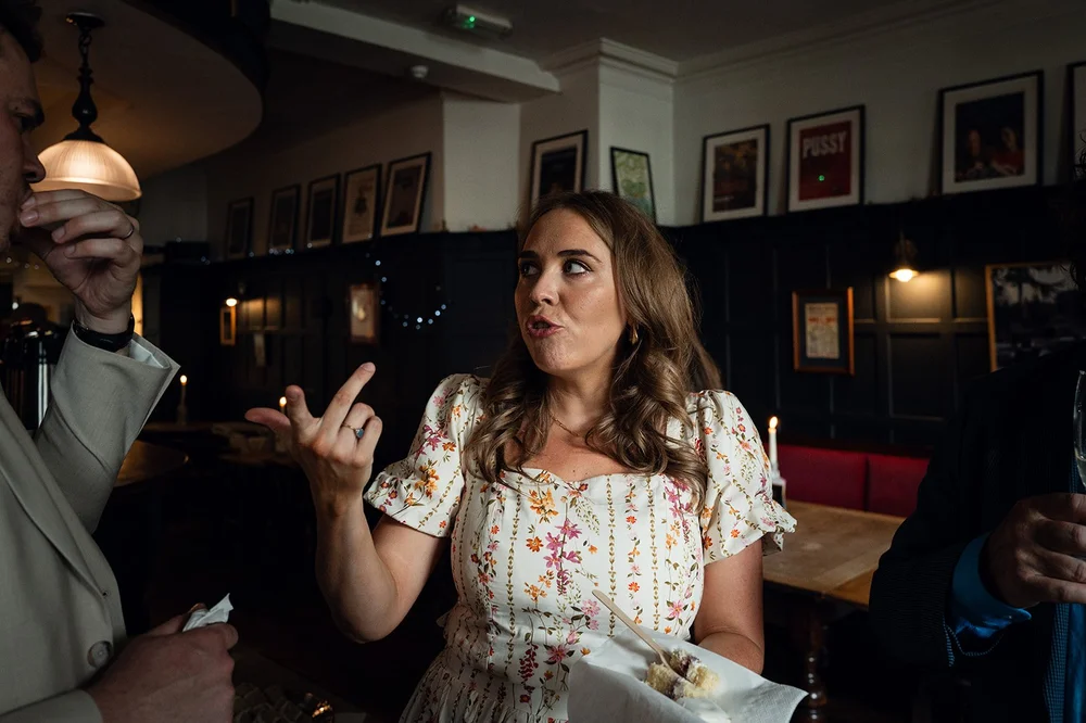 A guest telling a story during the drinks at The Alma Tavern