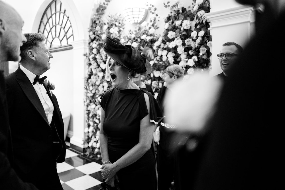 Black and white photograph of Charley and Joe before the ceremony at Chelsea Old Town Hall