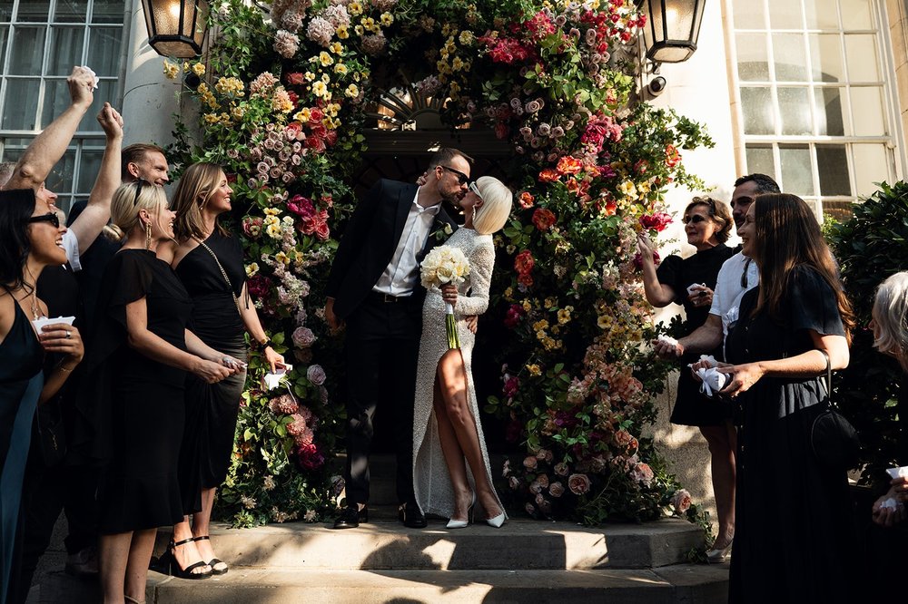 The first kiss at the end of the Brydon Room ceremony at Chelsea Old Town Hall
