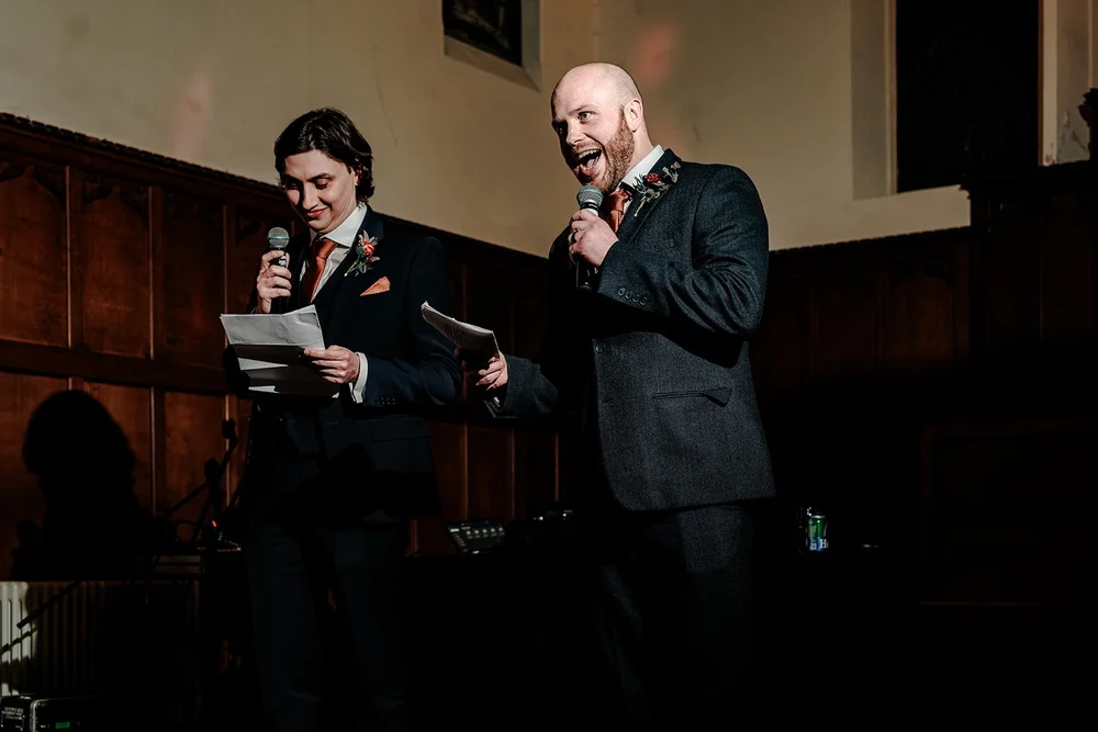 The bridesmaids performing their double act speech at Fabrica