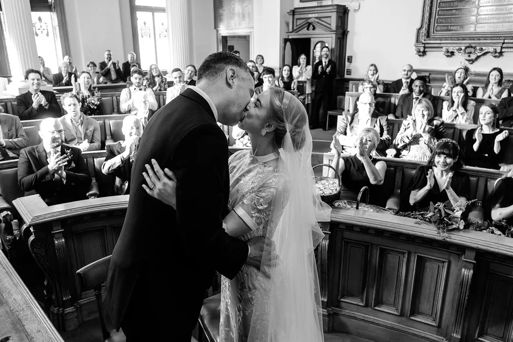 The first kiss at Grace and Jordan&rsquo;s Brighton Town Hall wedding