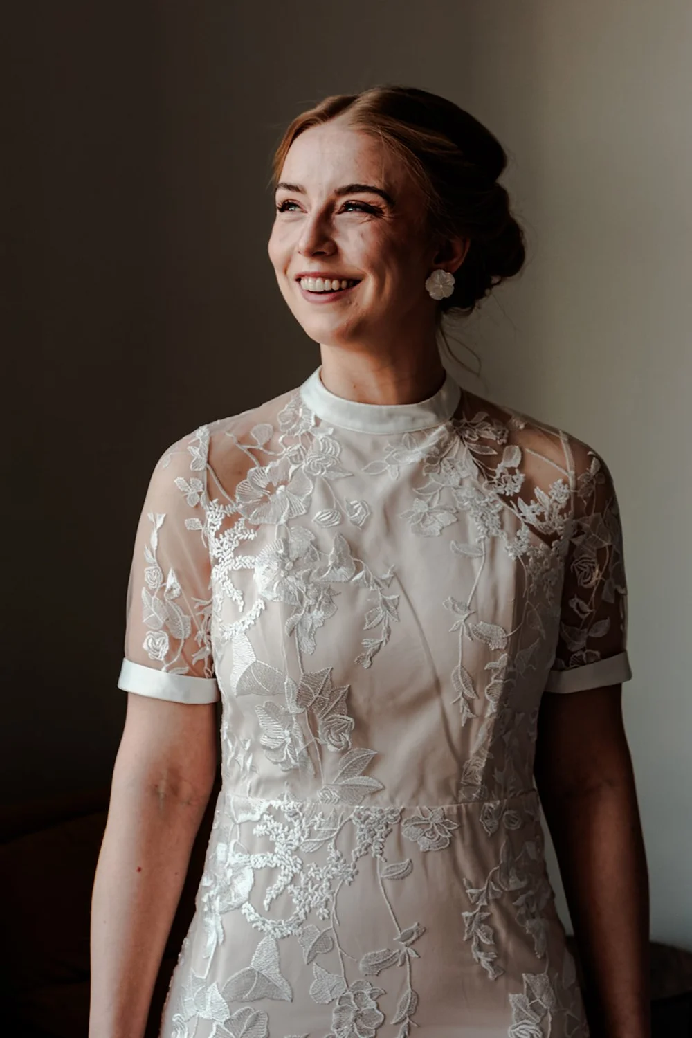 Grace in her floral lace tea length wedding dress