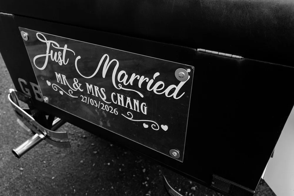 A Just Married sign on the wedding car in Liverpool