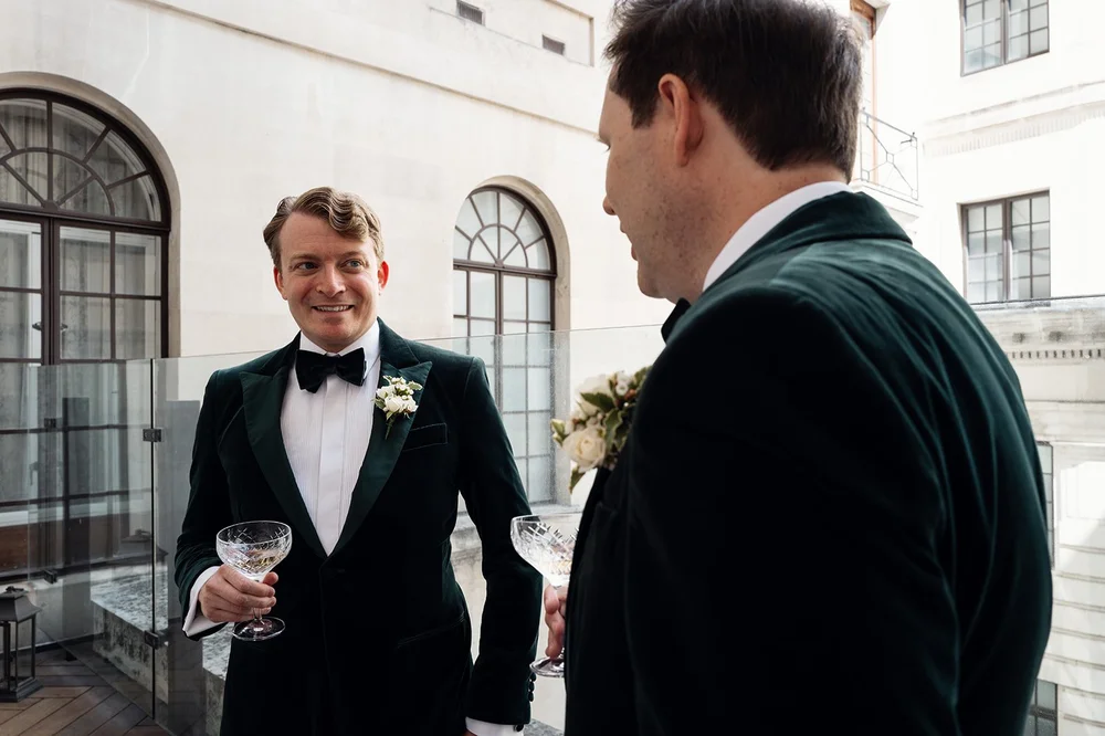 Julian and Josh getting ready in matching green velvet suits at The Ned - 7