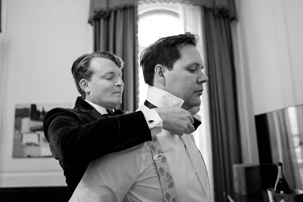 Julian and Josh getting ready in matching green velvet suits at The Ned - 6