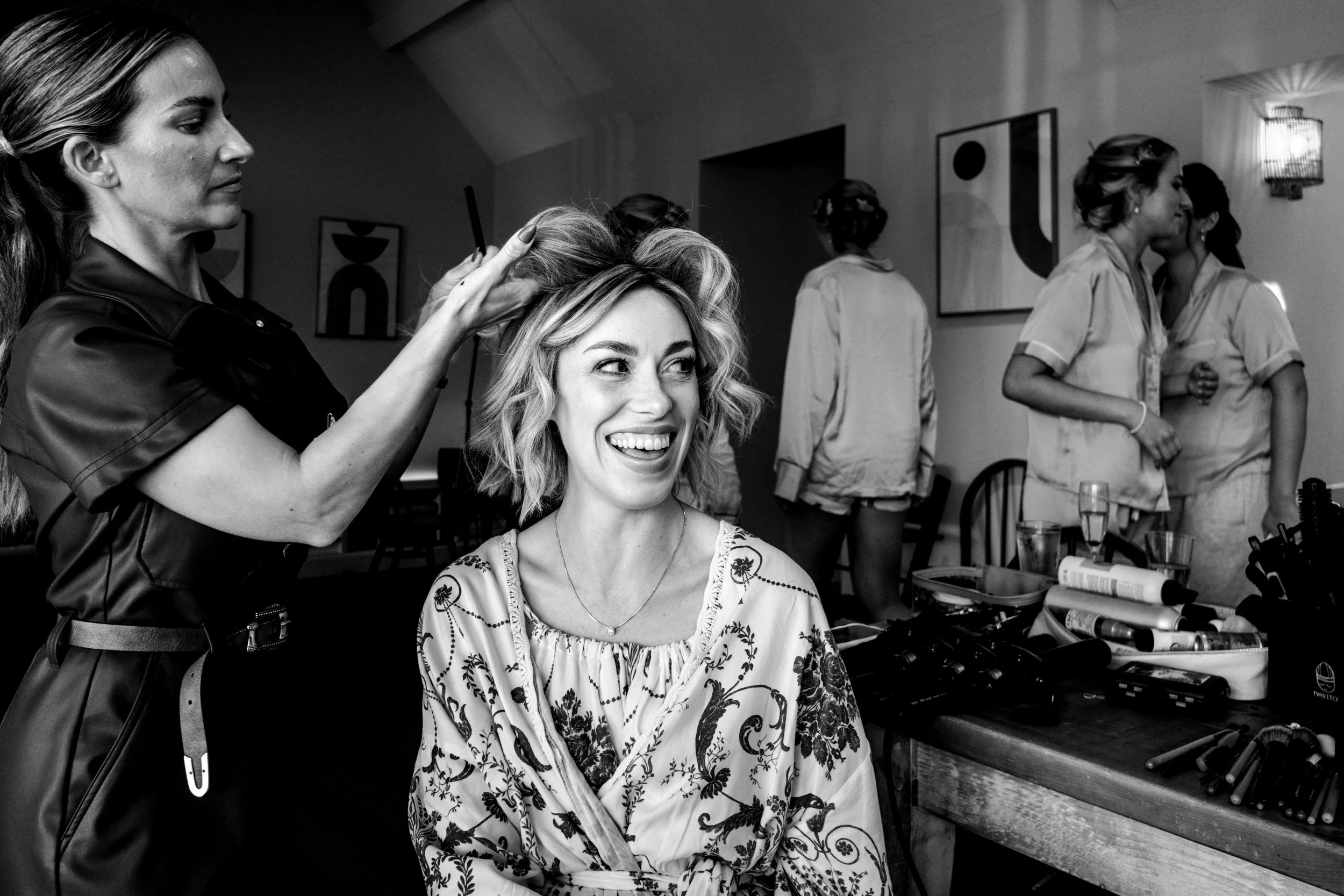 Bride getting ready photographed in black and white