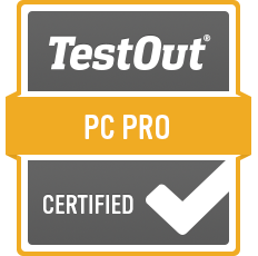TestOut PC Pro Certified badge logo with black, yellow, and white colors.