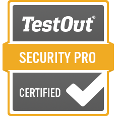 TestOut Security Pro Certified badge with checkmark.